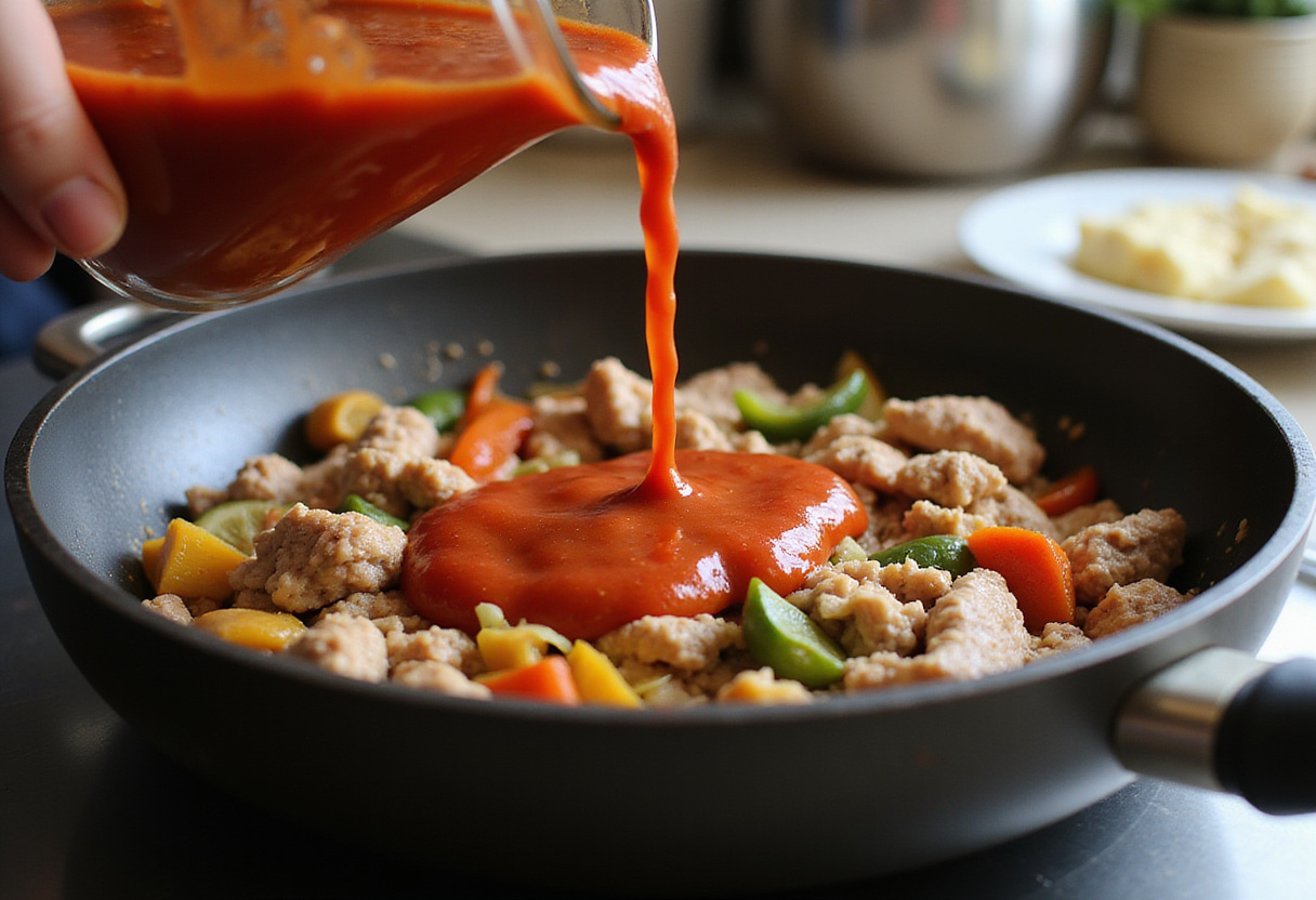 Tomato sauce added to ground turkey mixture for pasta.