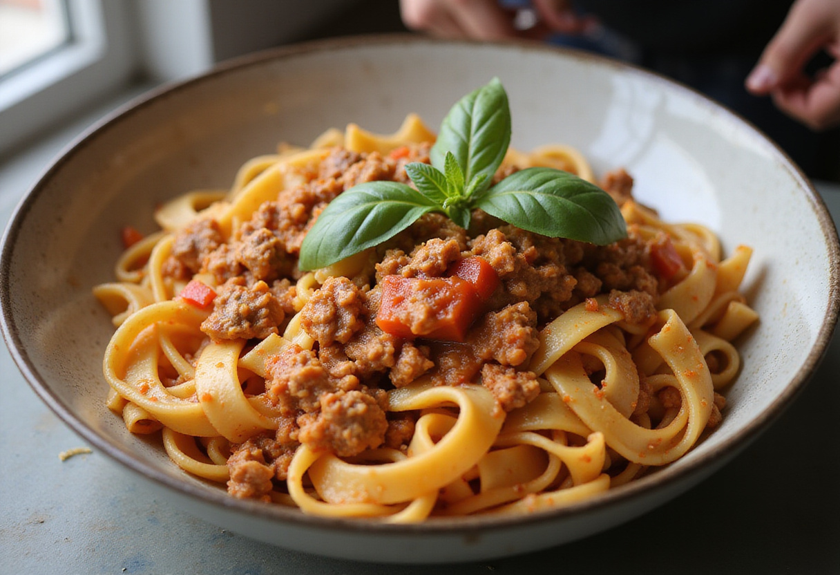 Cooked pasta being mixed with ground turkey sauce.