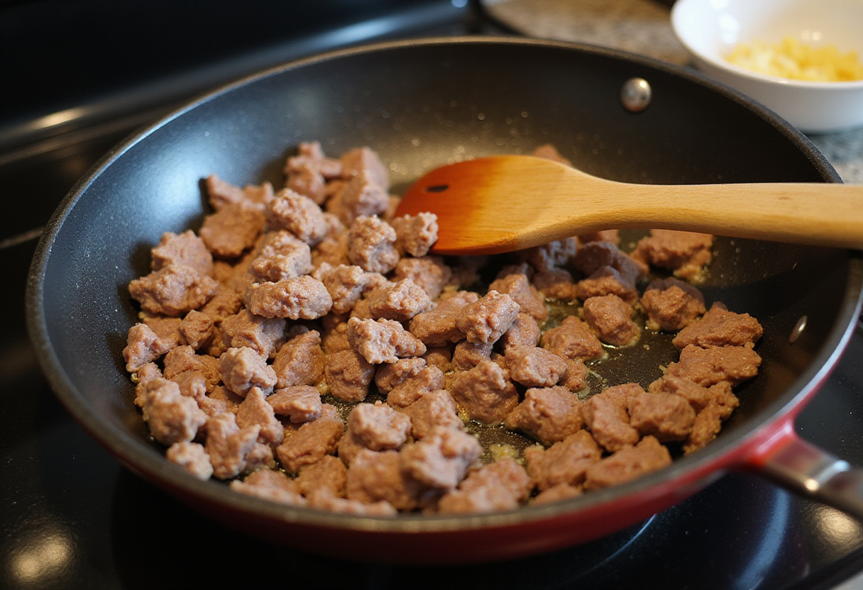Ground beef browning in a skillet for Hanky Panky recipe.