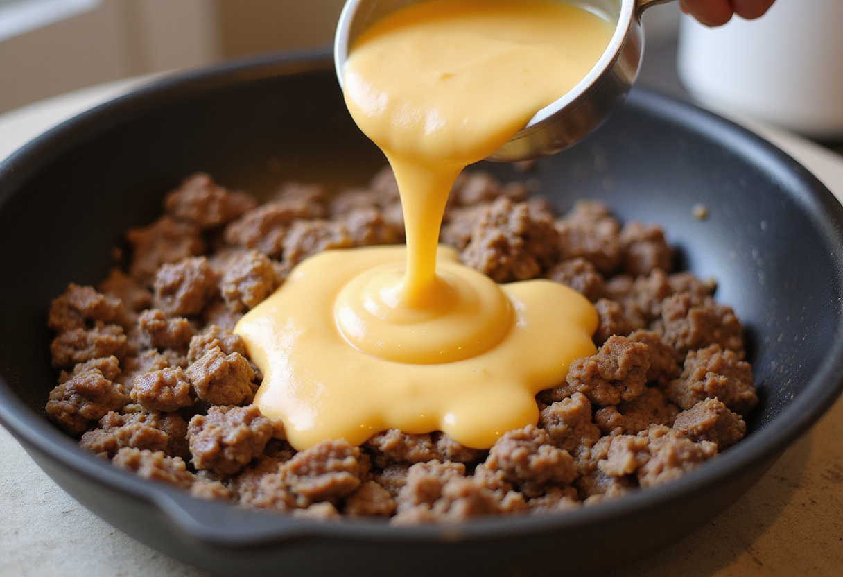 Creamy cheese spread being added to ground beef for Hanky Panky.