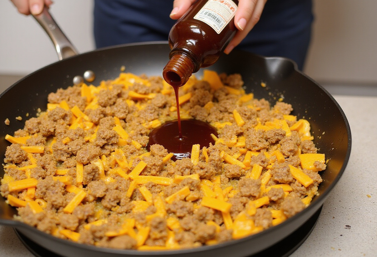 Worcestershire sauce being added to Hanky Panky filling.