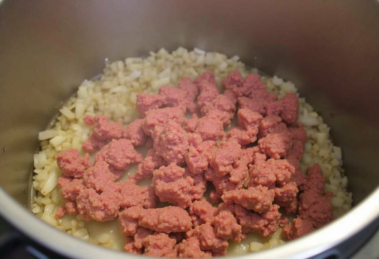 Ground beef browning with onions and garlic in Instant Pot.