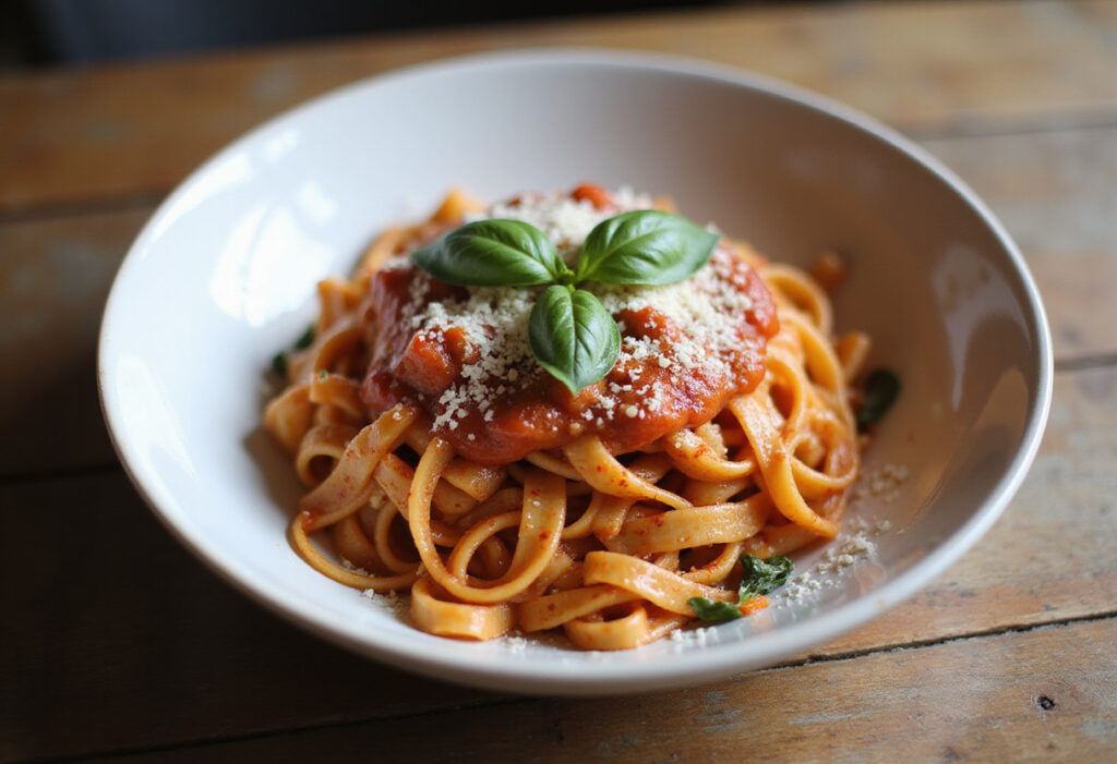 Perfectly cooked Instant Pot pasta with tomato sauce and fresh basil.