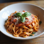 Perfectly cooked Instant Pot pasta with tomato sauce and fresh basil.