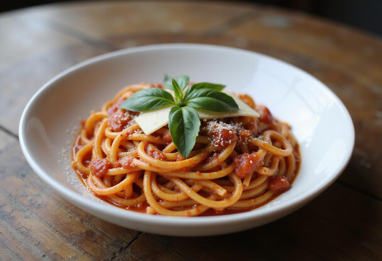Perfectly cooked Instant Pot pasta with tomato sauce and fresh basil.