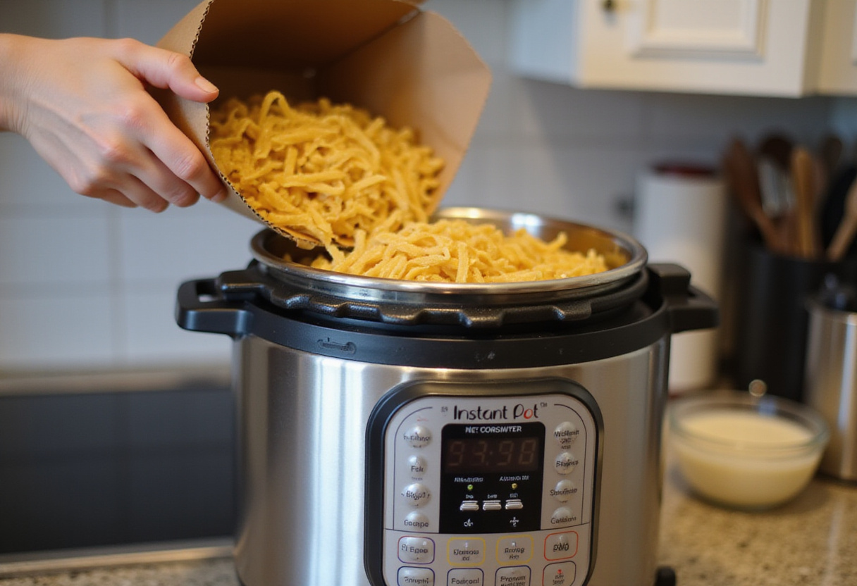 Uncooked pasta noodles being added to an Instant Pot for an easy pasta recipe.