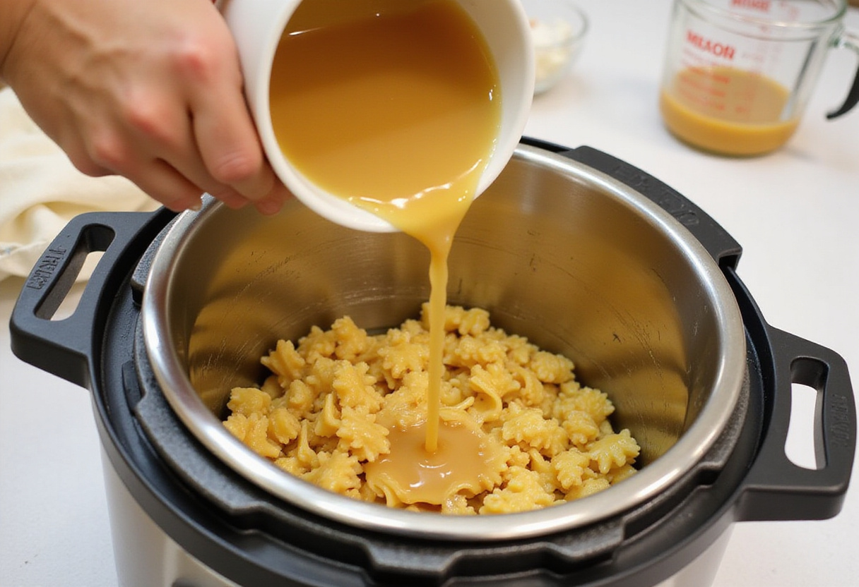 Vegetable broth being poured over pasta in an Instant Pot for cooking.