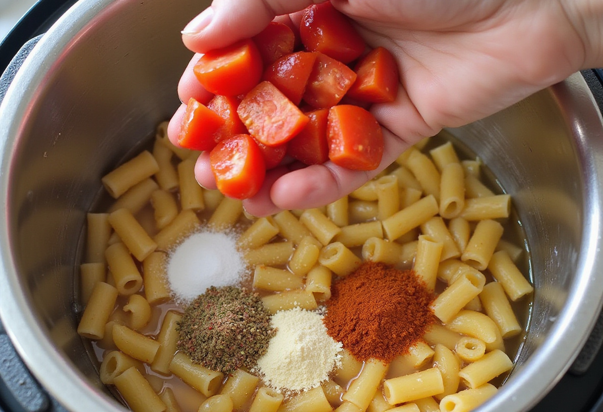 Seasoning being added to pasta, broth, and diced tomatoes inside an Instant Pot.