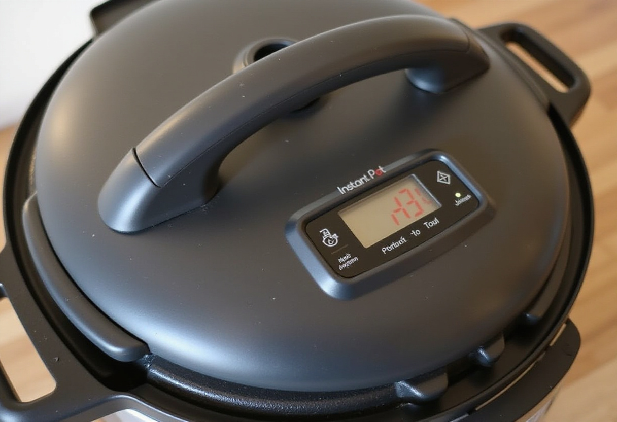 Instant Pot lid being closed before cooking pasta.