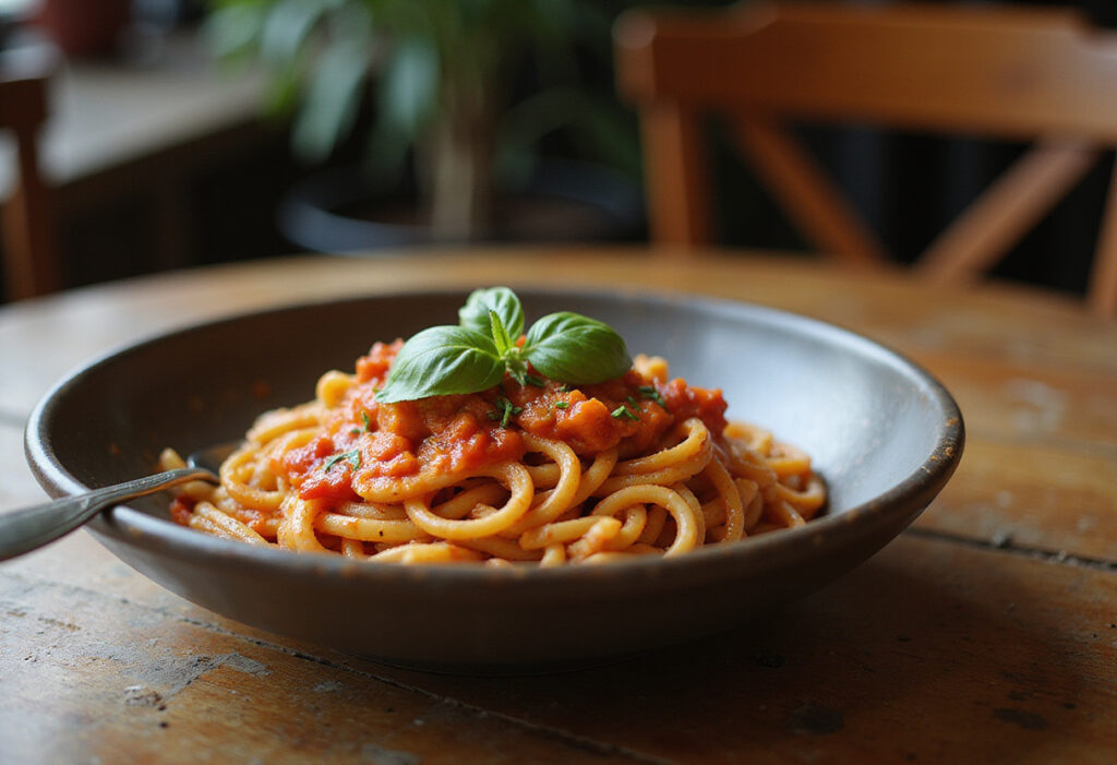 Delicious homemade KitchenAid pasta with tomato sauce and basil.