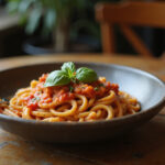 Delicious homemade KitchenAid pasta with tomato sauce and basil.