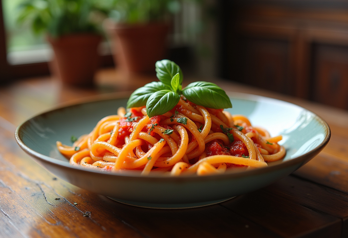 Delicious homemade KitchenAid pasta with tomato sauce and basil.
