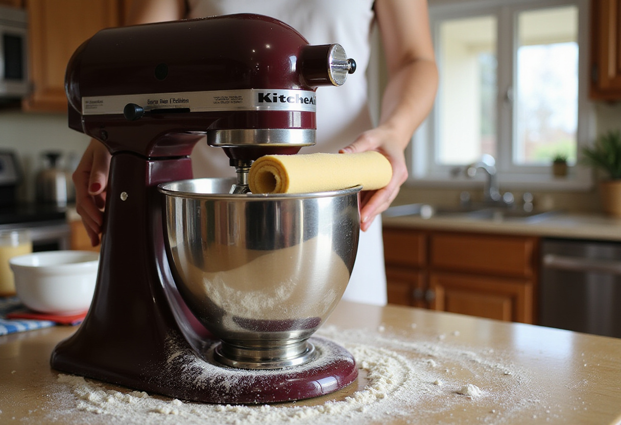 KitchenAid mixer kneading pasta dough for homemade pasta.