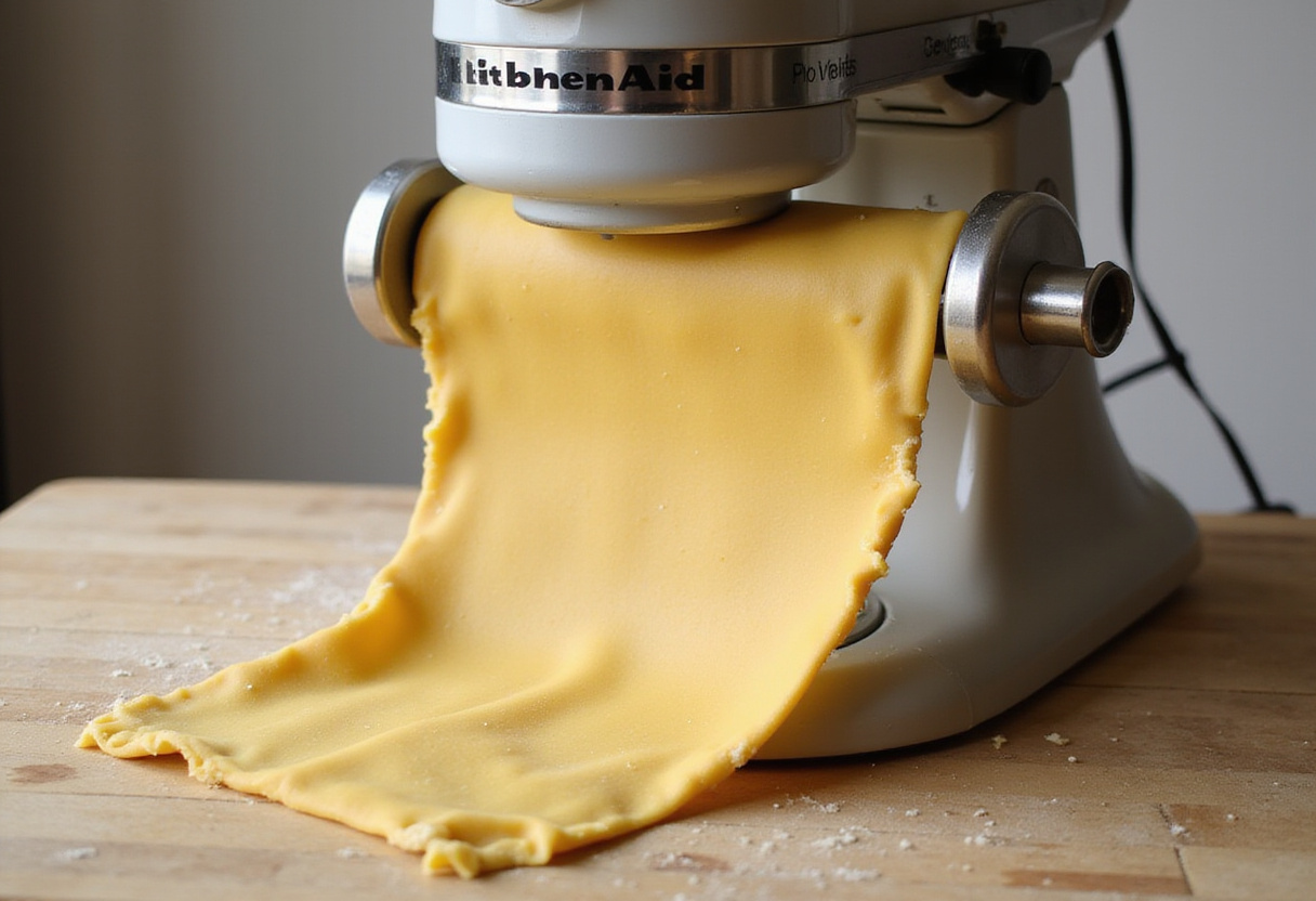 Pasta dough being rolled using a KitchenAid pasta roller.