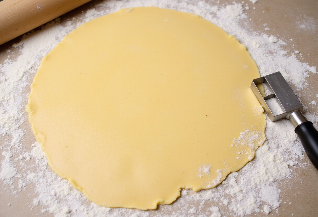 Thin sheet of pasta dough ready for cutting after being rolled.