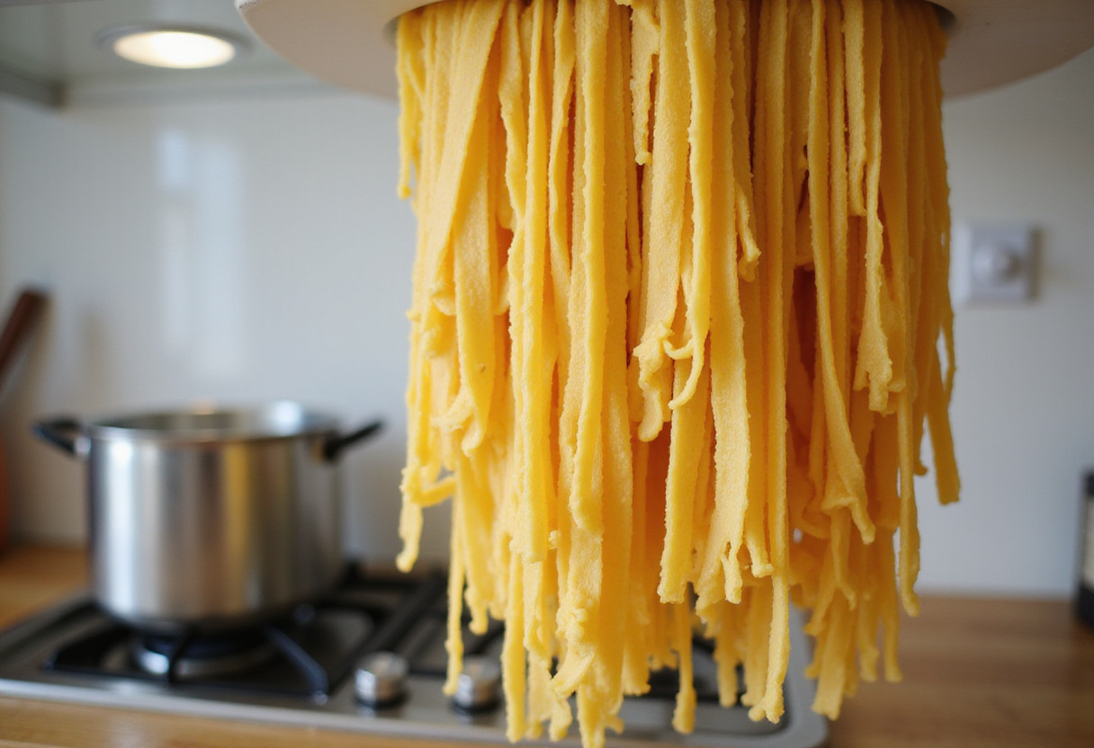 Fresh pasta drying on a rack before cooking.