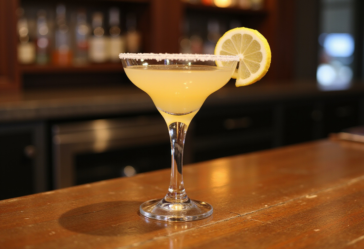 Finished lemon drop shot with lemon garnish on a bar top.