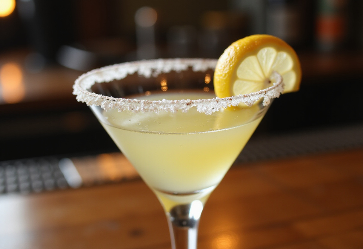 Finished lemon drop shot with lemon garnish on a bar top.