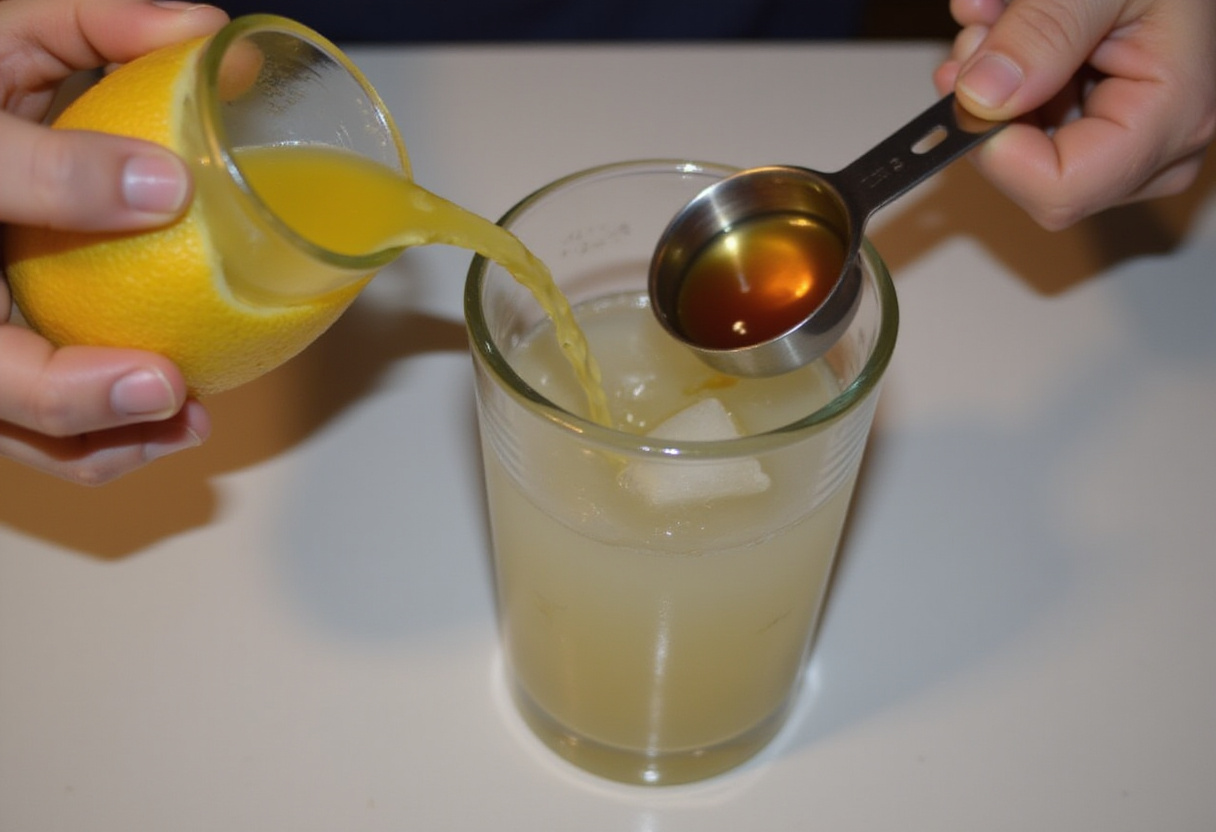 Adding ingredients to a cocktail shaker for a lemon drop shot.