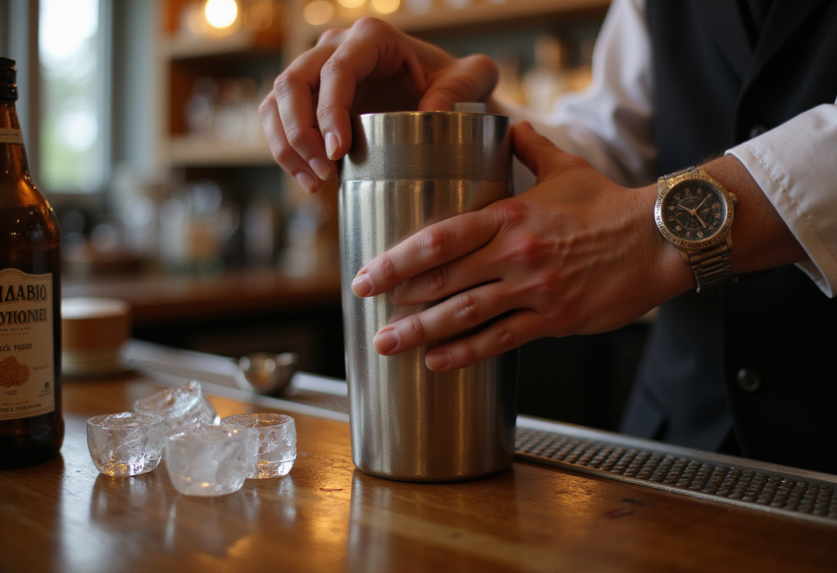 Sealing the cocktail shaker to prepare a lemon drop shot.