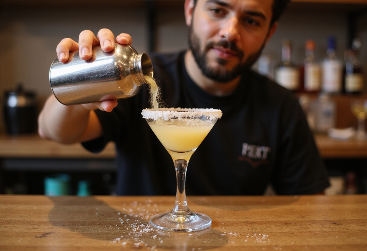 Straining the lemon drop shot into a sugared rim glass.