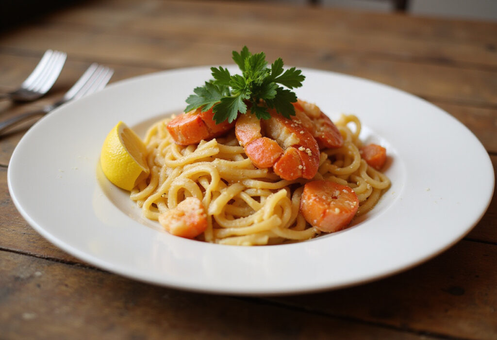 Delicious lobster pasta garnished with parsley and lemon, a perfect lobster pasta recipe.