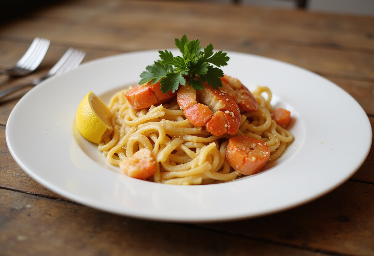 Delicious lobster pasta garnished with parsley and lemon, a perfect lobster pasta recipe.