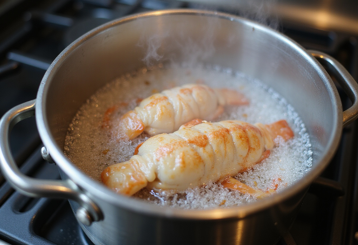 Boiling water prepared for cooking lobster for a perfect lobster pasta recipe.