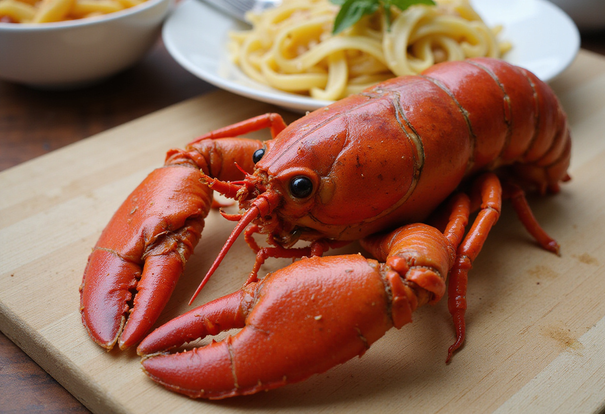 Cooked lobster beside pasta ready for lobster pasta recipe.