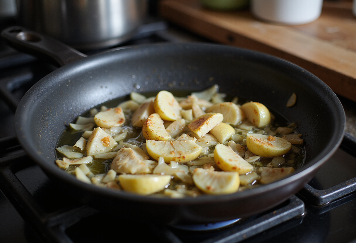 Garlic and shallots being sauteed in olive oil for lobster pasta sauce.