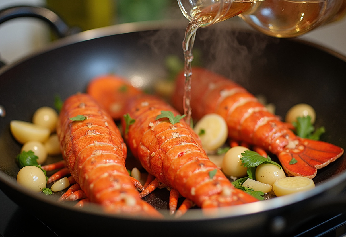 Lobster meat and white wine being added to garlic and shallots for lobster pasta recipe.