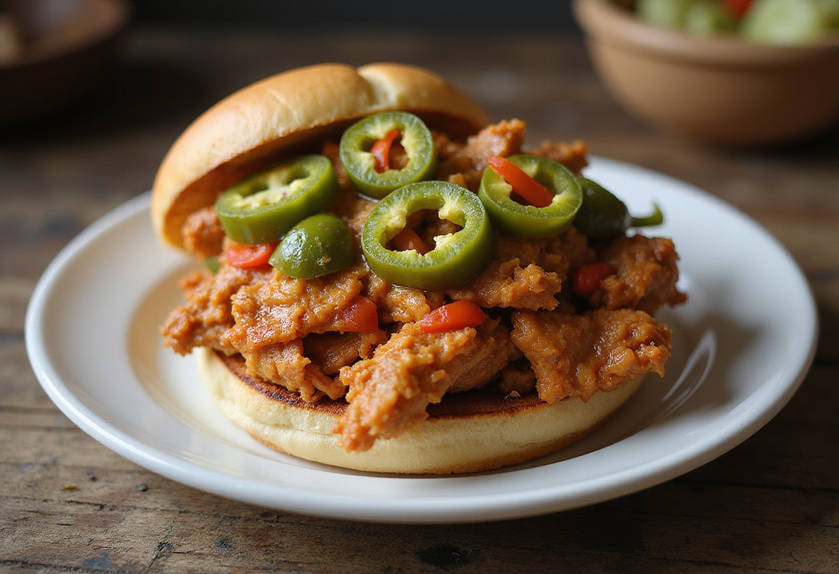 Perfect Mississippi Chicken sandwich served with pepperoncini peppers, ready to eat.
