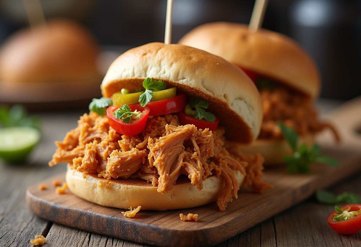 Perfect Mississippi Chicken sandwich served with pepperoncini peppers, ready to eat.
