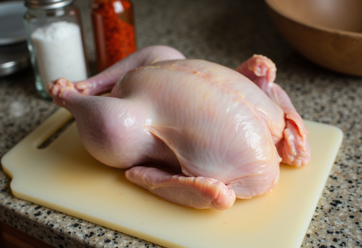 Raw chicken on a cutting board ready for Mississippi Chicken recipe preparation.