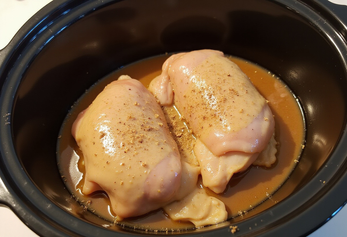 Chicken being seasoned inside a slow cooker for the Mississippi Chicken recipe.