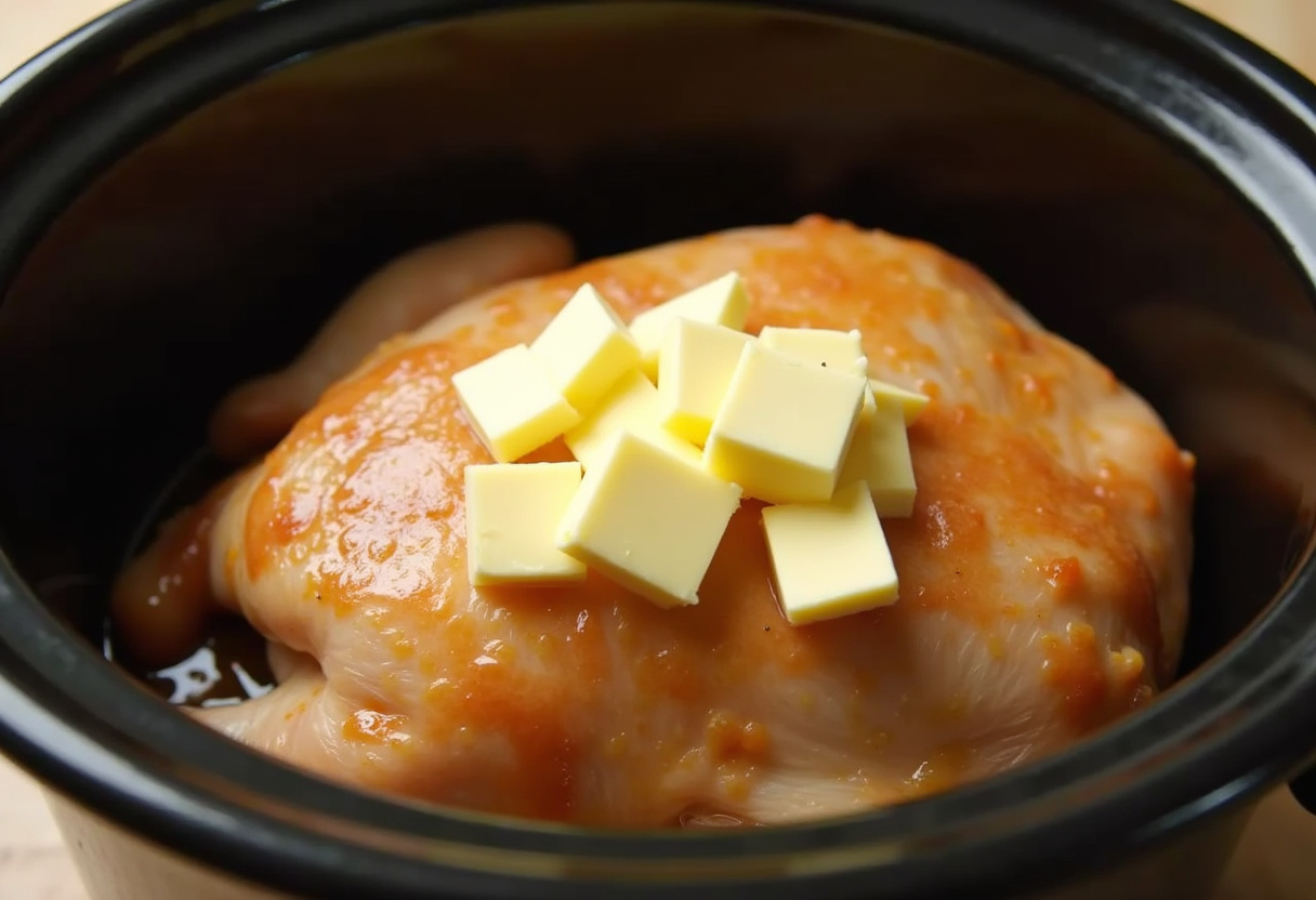 Butter on seasoned chicken in slow cooker.