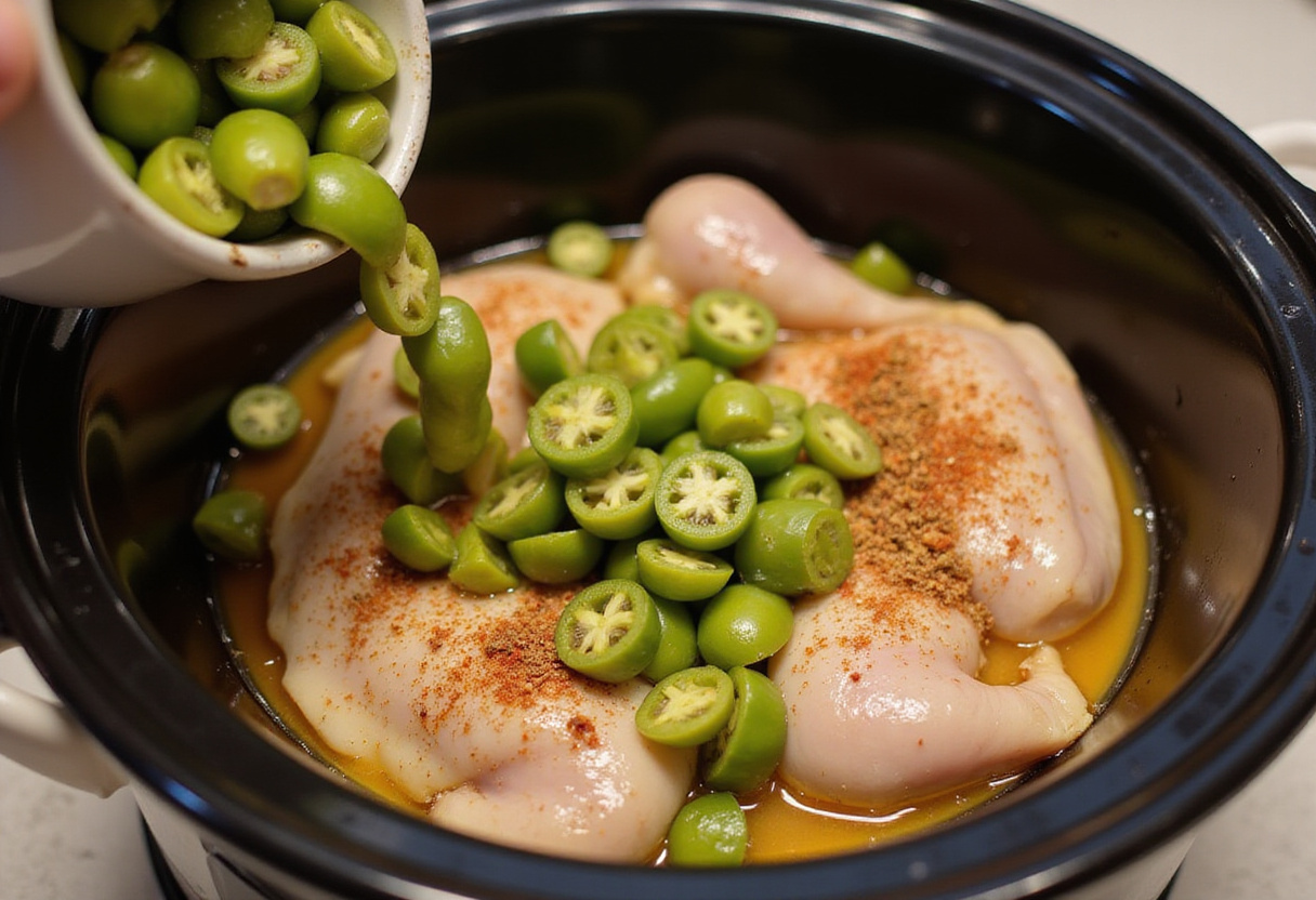 Pepperoncini peppers being added to the Mississippi Chicken recipe in a slow cooker.