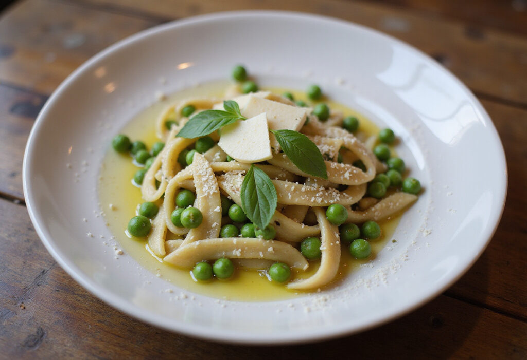 Delicious Pasta and Peas garnished with parmesan and olive oil.