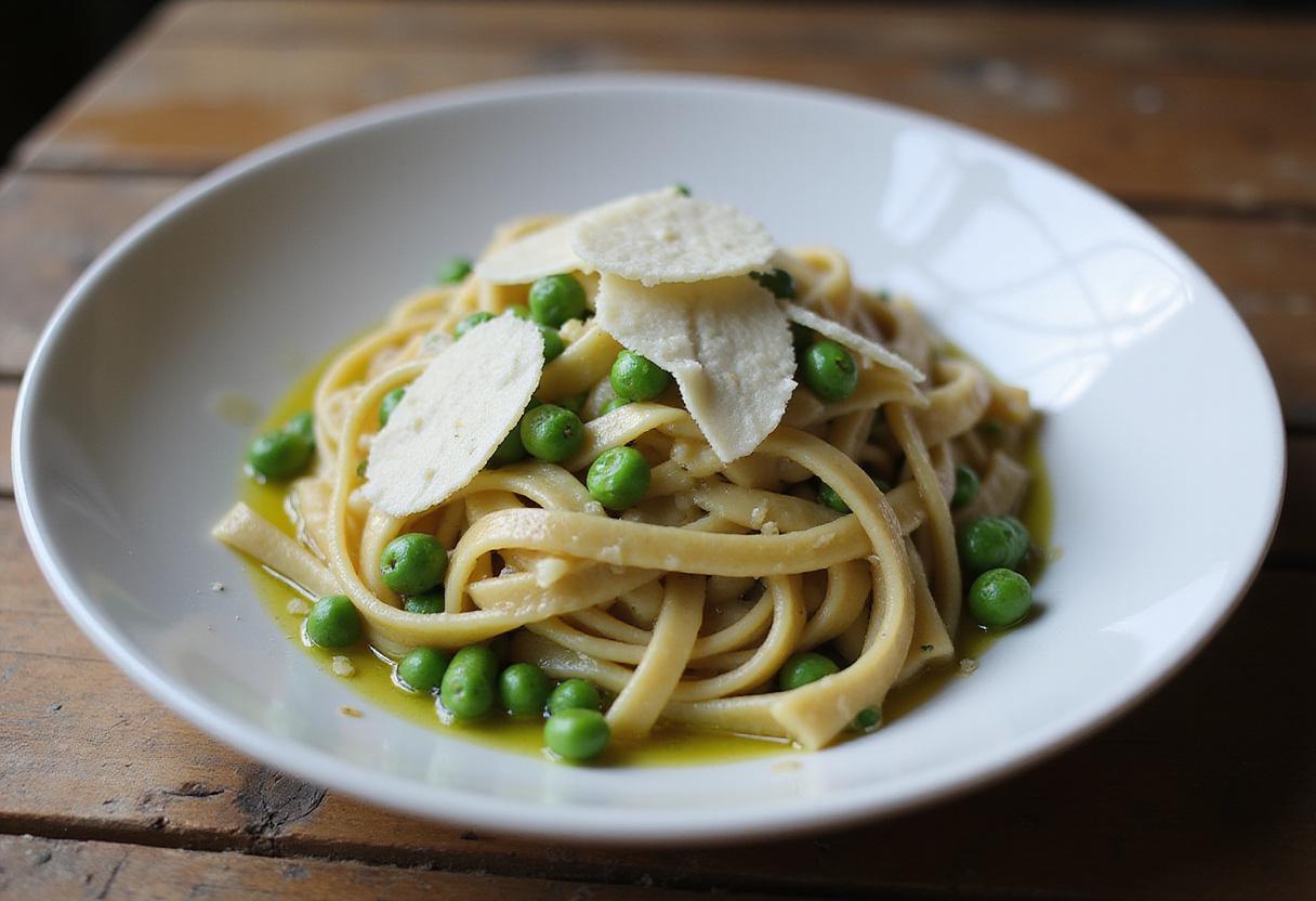 Delicious Pasta and Peas garnished with parmesan and olive oil.
