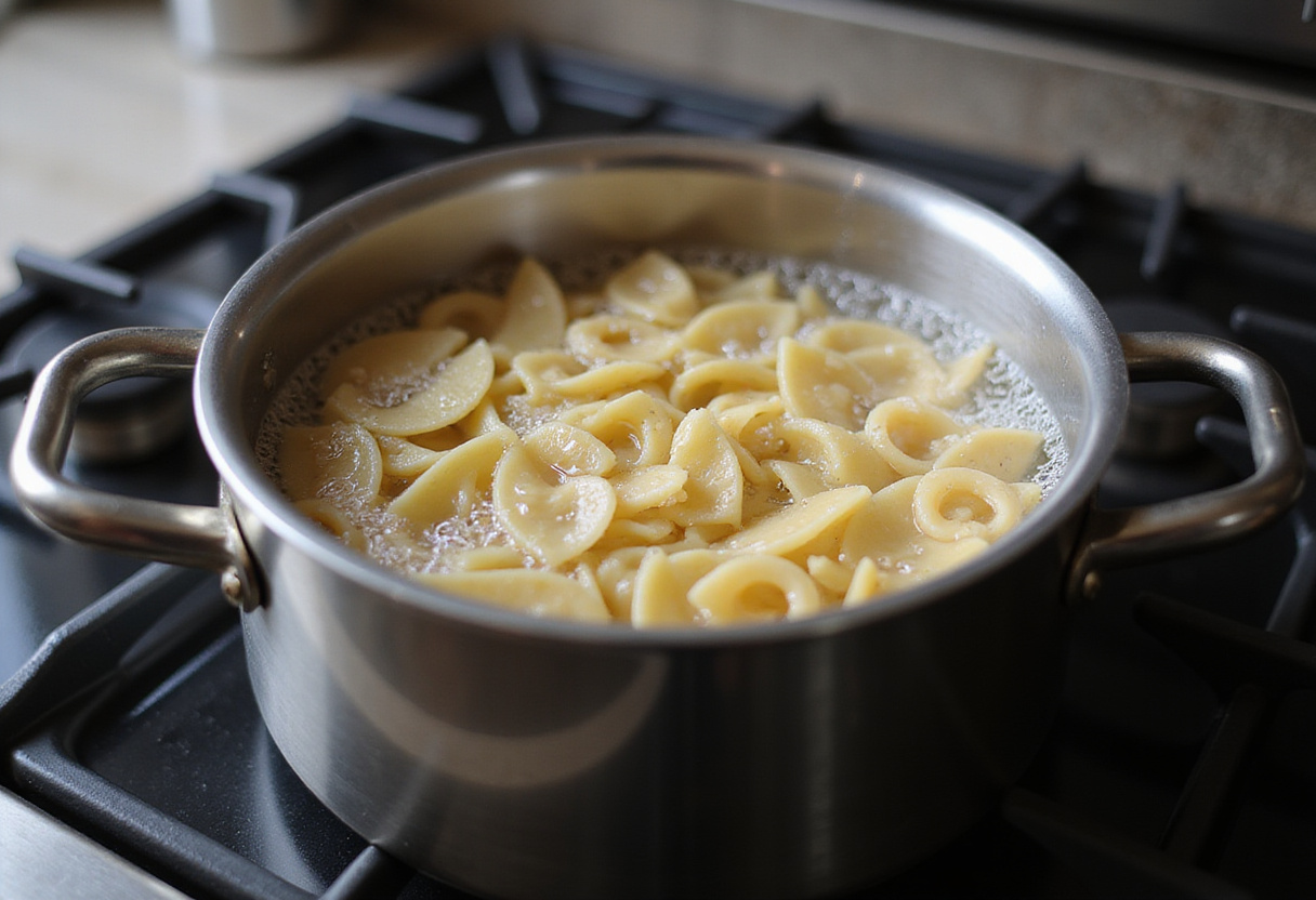 Water boiling in a pot for preparing Pasta and Peas.