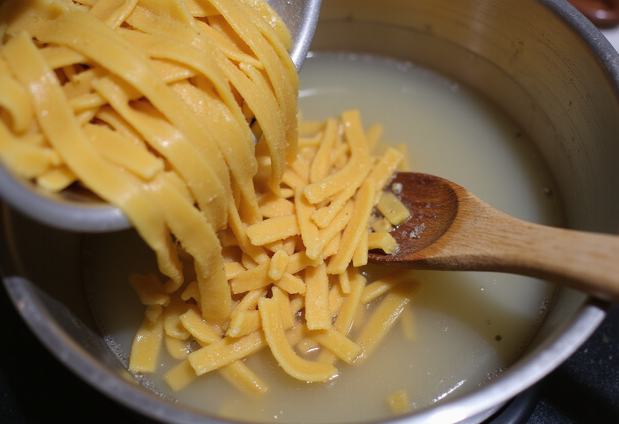 Dry pasta being added to boiling water for Pasta and Peas recipe.