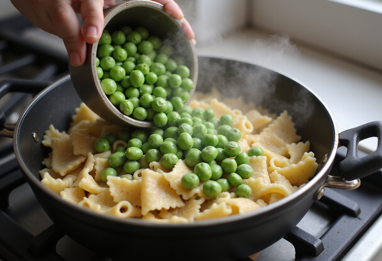 Frozen peas being added to pasta in a pot for Pasta and Peas.