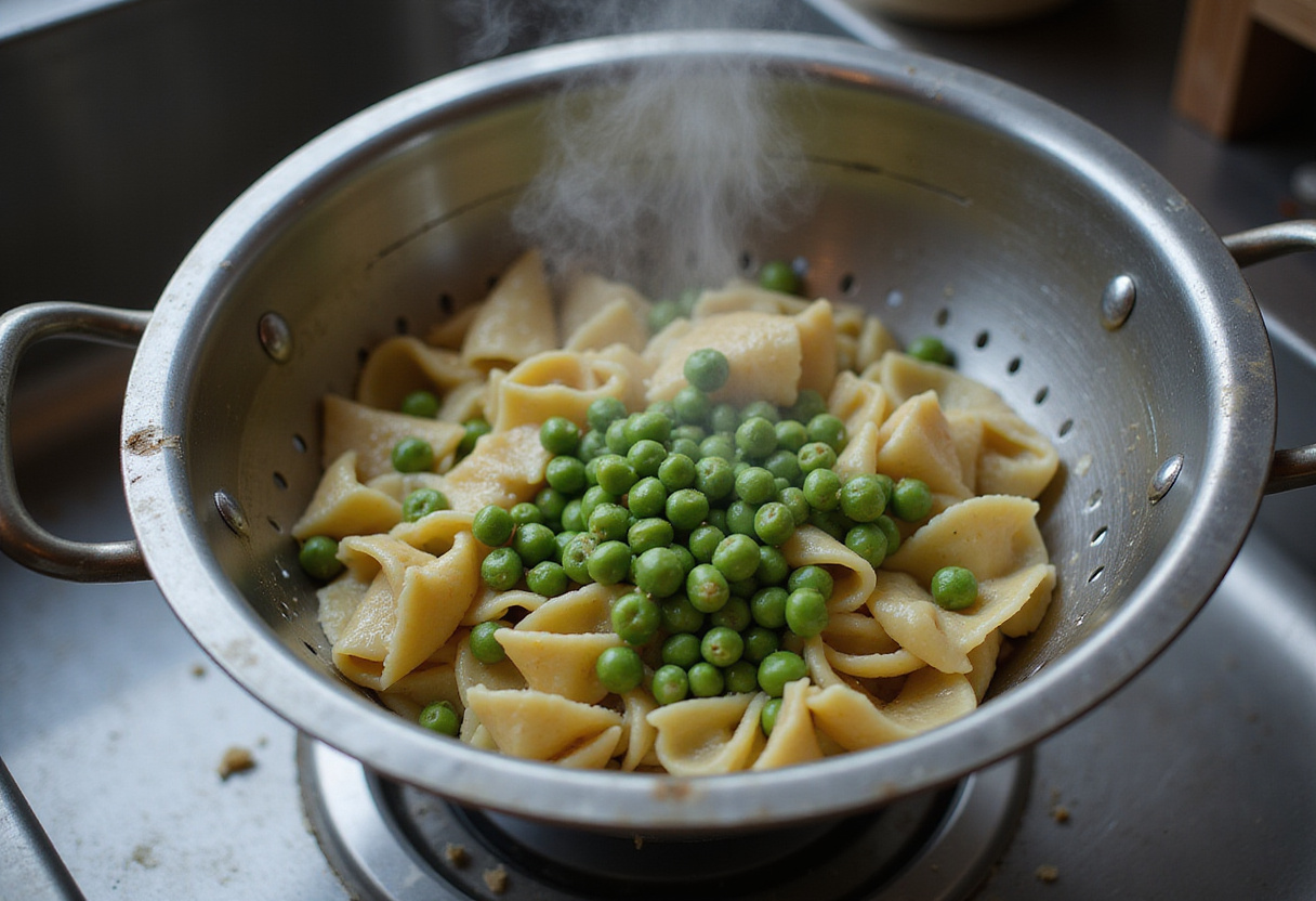 Draining pasta and peas in a colander for the perfect Pasta and Peas recipe.