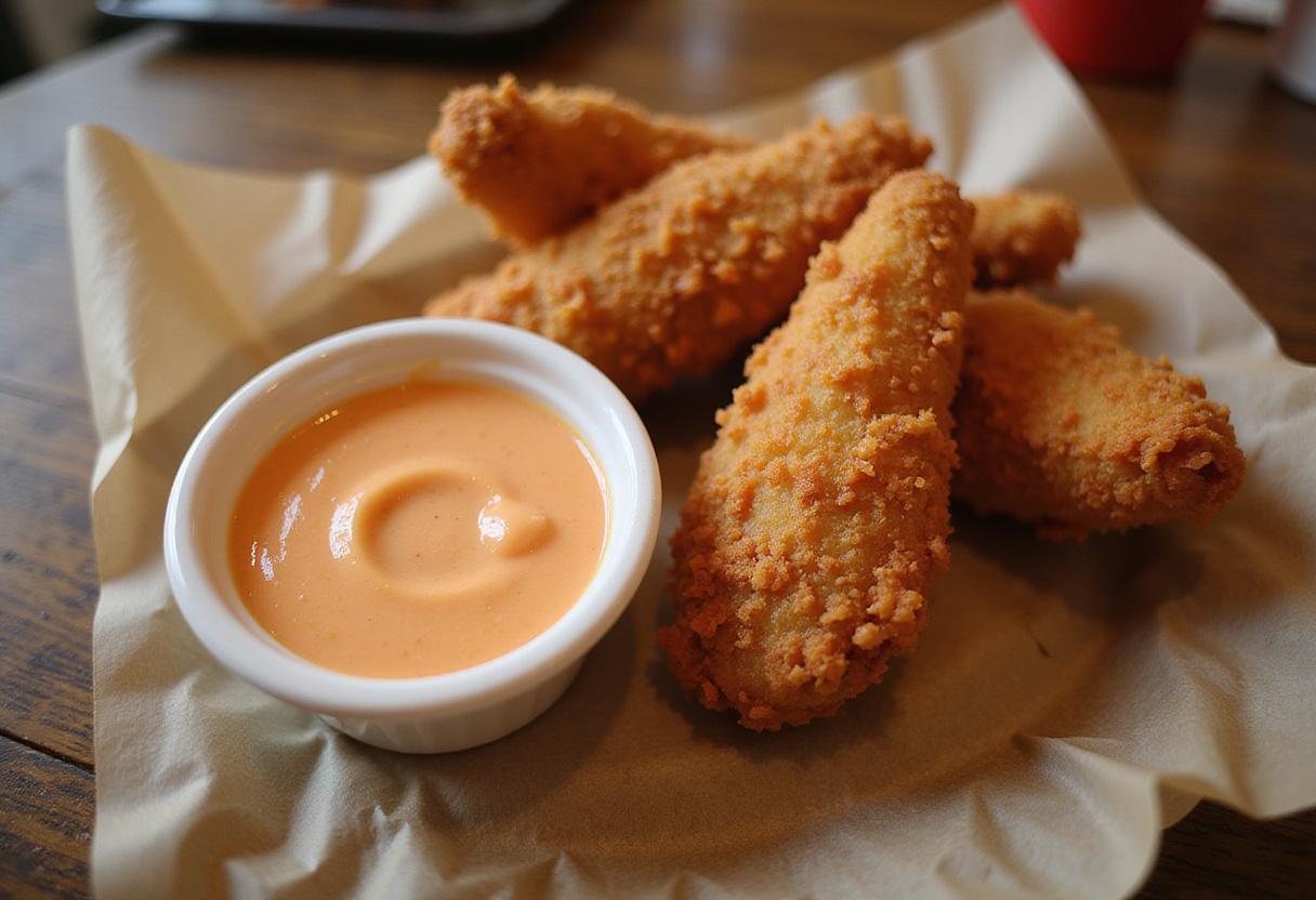 Perfectly crafted Raising Cane's Sauce served with crispy chicken tenders, a delicious culinary result.