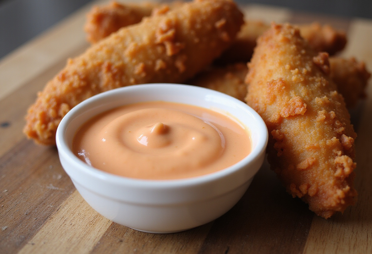 Perfectly crafted Raising Cane's Sauce served with crispy chicken tenders, a delicious culinary result.