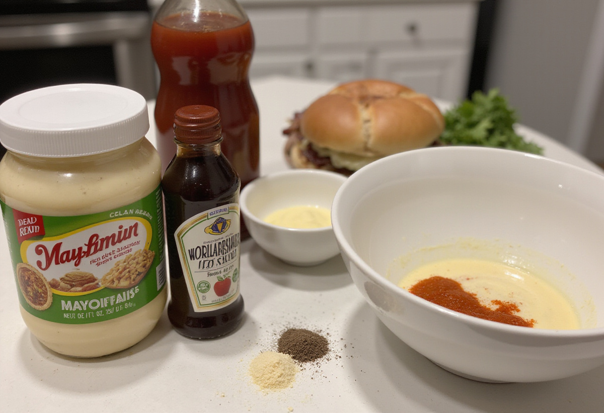 Ingredients for making Raising Cane's Sauce Recipe laid out on a kitchen counter.