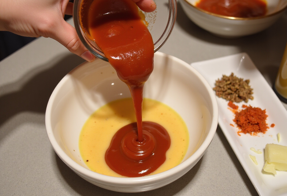 Ketchup being added to a bowl for copycat Raising Cane's Sauce.