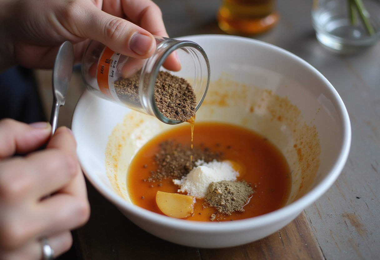 Spices being added to the bowl with the other condiments for creating the perfect Raising Cane's Sauce.