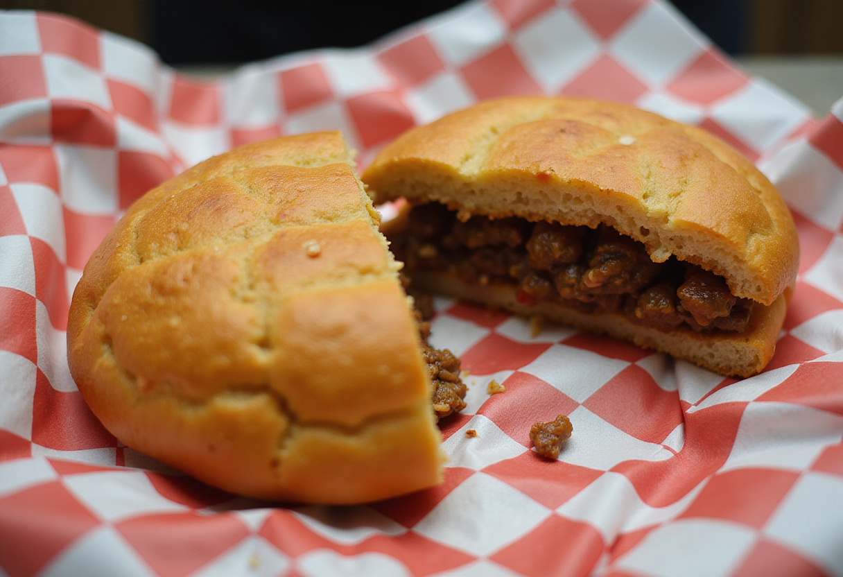 Perfect Jamaican Beef Patty cut in half showing savory filling, a delicious snack.