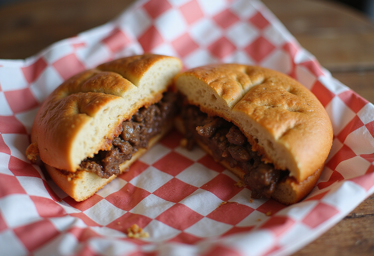 Perfect Jamaican Beef Patty cut in half showing savory filling, a delicious snack.